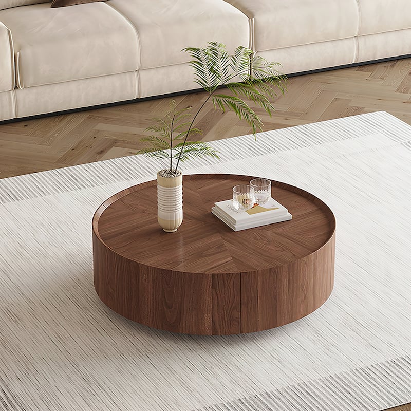 Industrial Walnut Round Coffee Table with Storage Drawers for Living Room and Home Office - 7'6" x 10'9"