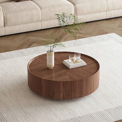 Industrial Walnut Round Coffee Table with Storage Drawers for Living Room and Home Office - 7'6" x 10'9"