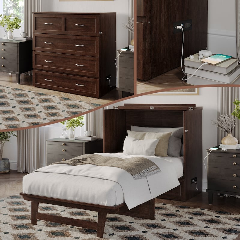 AFI Northfield Murphy Bed Chest with 6" Mattress, Storage Drawer & Built-In Charger - Burnt Amber - Twin XL