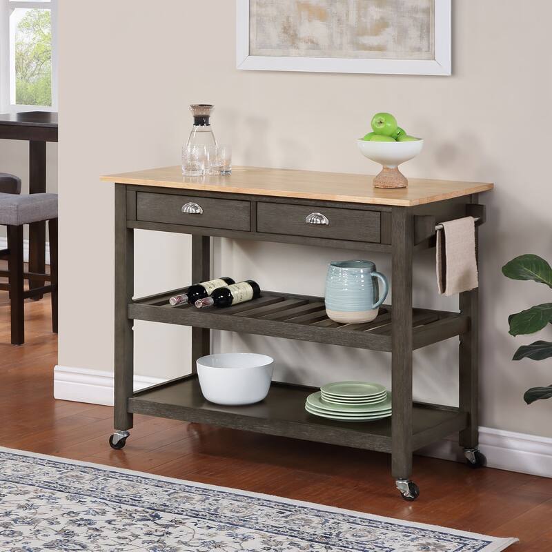 Kitchen Cart with Drawers - 3 Tier Butcher Block Mobile Island - Rubberwood Utility Storage