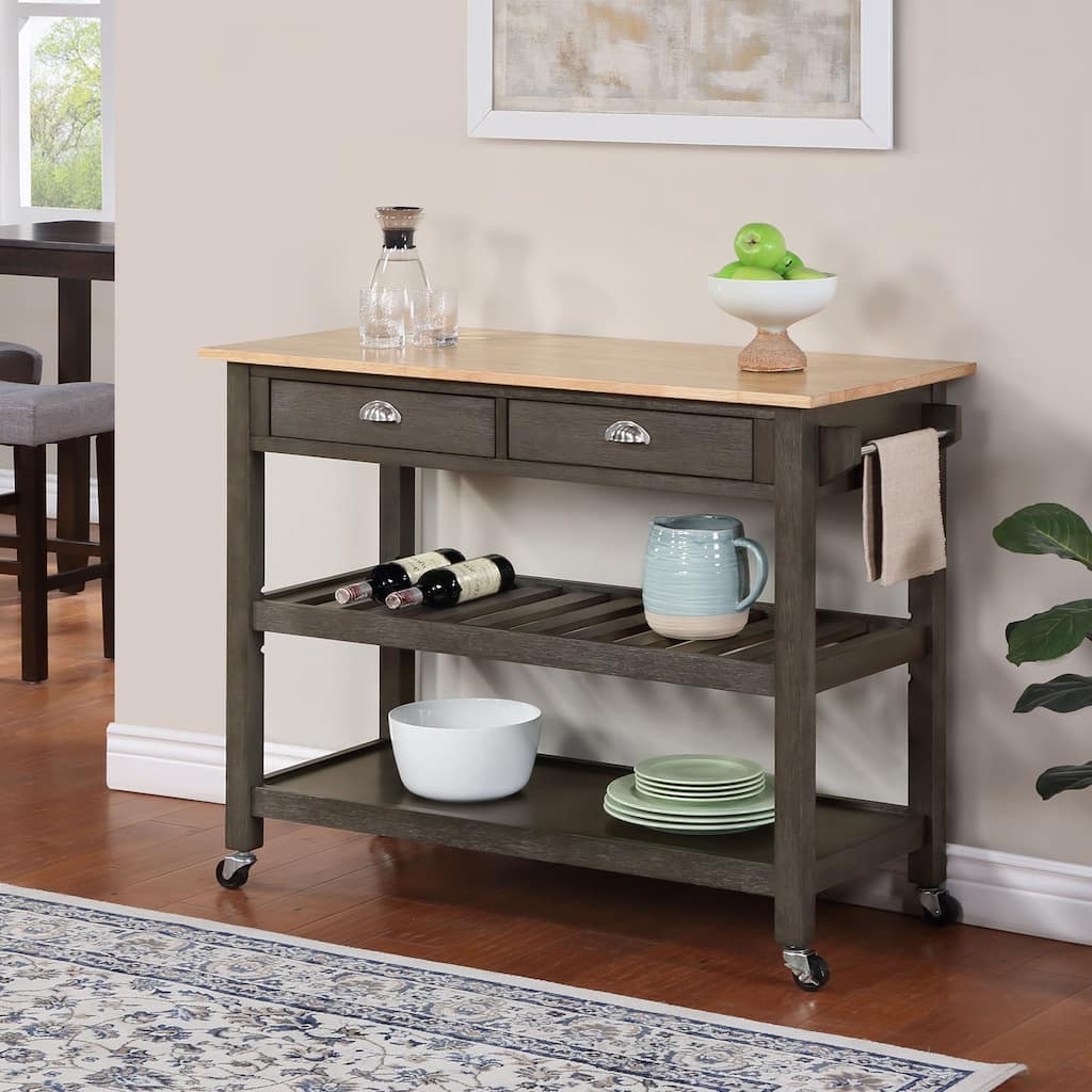 Kitchen Cart with Drawers - 3 Tier Butcher Block Mobile Island - Rubberwood Utility Storage