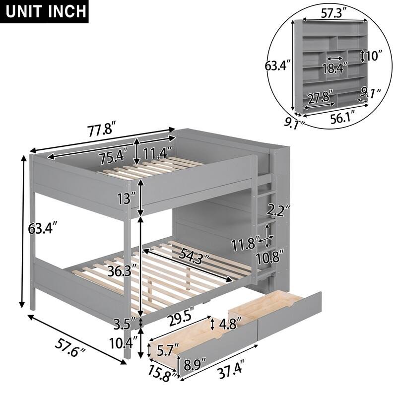 Wooden Full over Full Bunk Bed With 2 Drawers and Multi-layer Cabinet