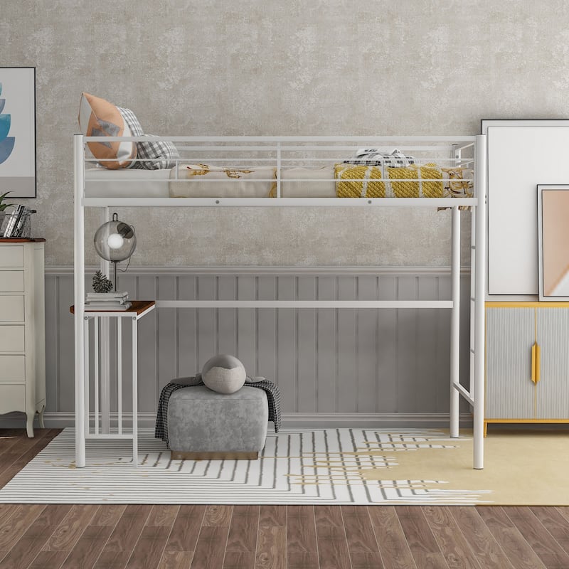 Twin Metal Loft Bed with Desk, Ladder and Guardrails, Loft Bed for Bedroom, White - White