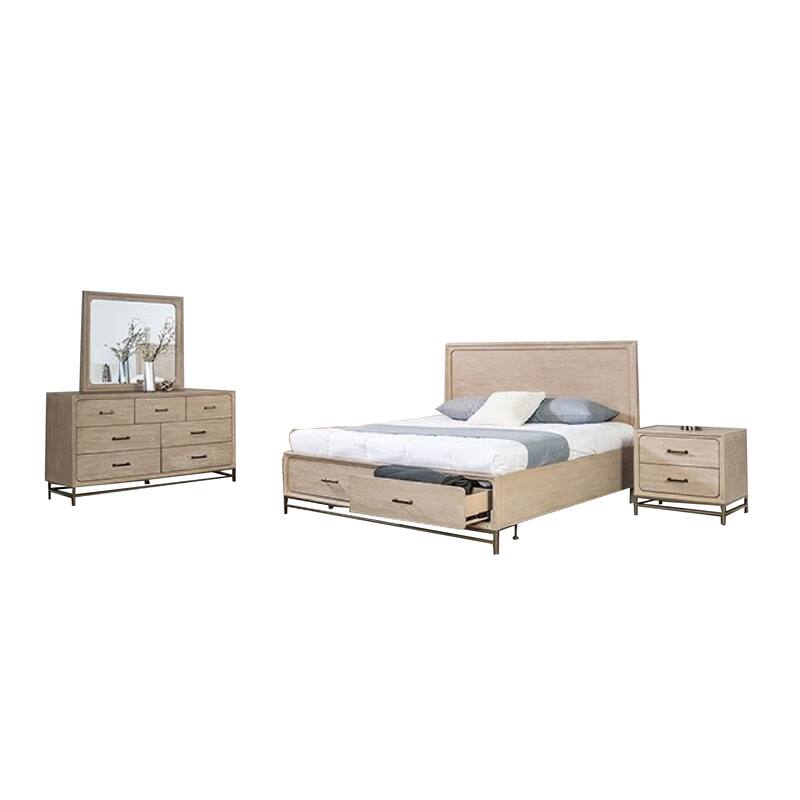Rozie 5pc Queen Bedroom Set with Mirror, 2 Nightstand, Light Oak Brown