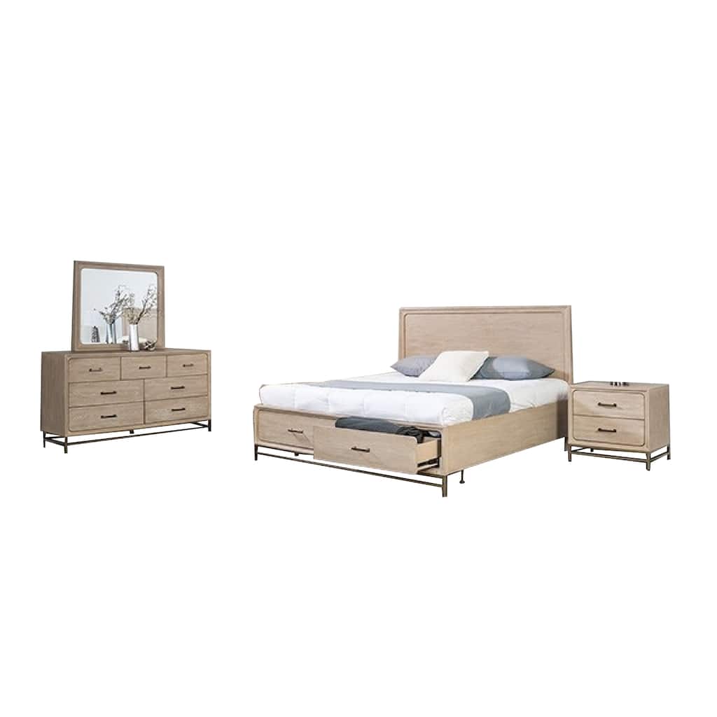 Rozie 5pc Queen Bedroom Set with Mirror, 2 Nightstand, Light Oak Brown