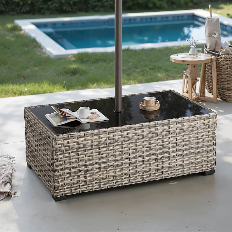 XIZZI Outdoor Wicker Coffee Table with Umbrella Hole for Garden Deck or Poolside - PAD - 27.56" x 47.24" x 18.11"