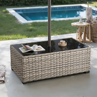 XIZZI Outdoor Wicker Coffee Table with Umbrella Hole for Garden Deck or Poolside