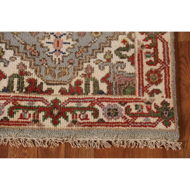 Gray Geometric Heriz Serapi Indian Runner Rug Handmade Wool Carpet - 2'5" x 8'0"