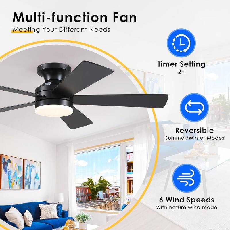 46 Inch Flush Mount Ceiling Fan with Light 5 Reversible Dual Side Blades for Bedroom,Living Room,Patio - 46 Inches
