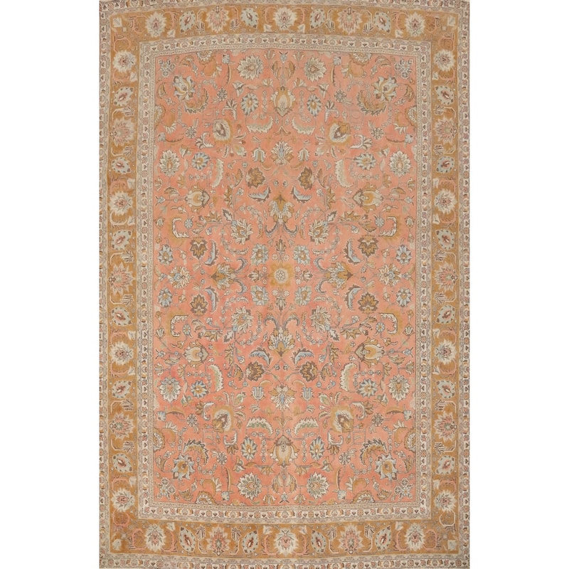 Hand Knotted Oriental 100% Wool Carpet Traditional All-Over Pink Tabriz Area Rug - 12' 6'' X 9' 7''