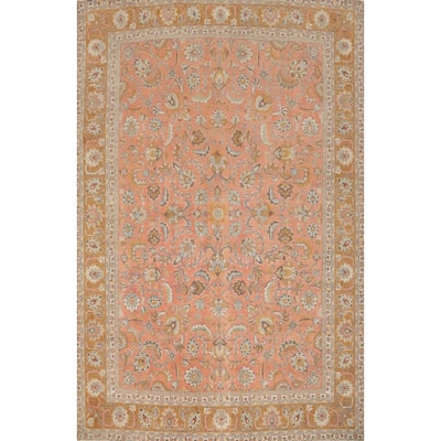 Hand Knotted Oriental 100% Wool Carpet Traditional All-Over Pink Tabriz Area Rug - 12' 6'' X 9' 7''