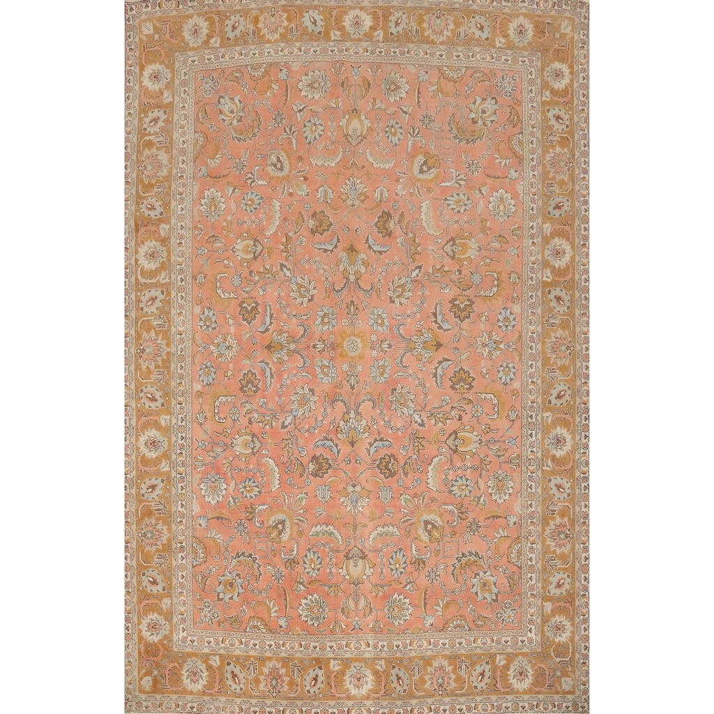 Hand Knotted Oriental 100% Wool Carpet Traditional All-Over Pink Tabriz Area Rug - 12' 6'' X 9' 7''