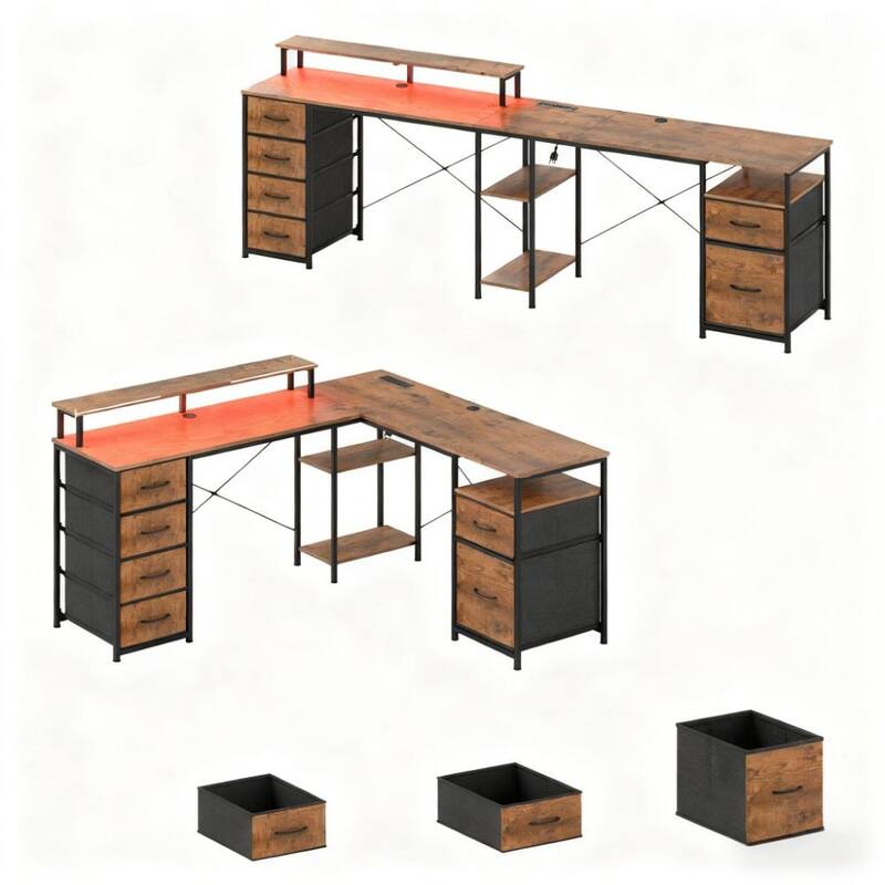 Corner Desk with File Drawer, Power Outlets and LED Lights,For Home and Office