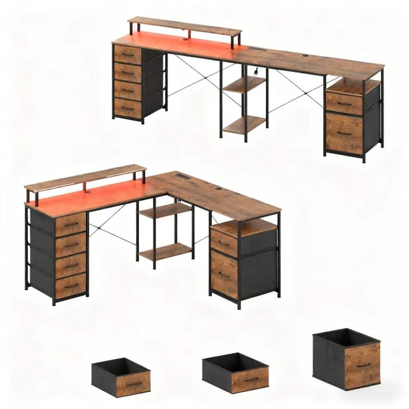 Corner Desk with File Drawer and Power Outlets, L Shaped Computer Desk with LED Lights and Storage for Home Office