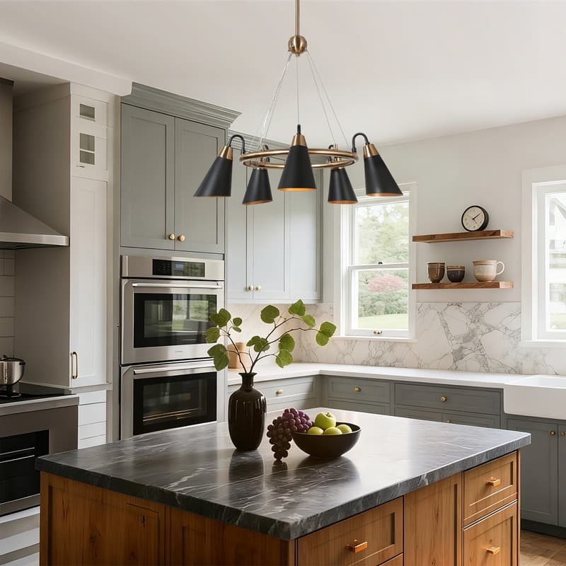 Modern 5-Light Black Gold Chandelier Wagon Wheel Pendant Lights with Metal Shades - 23.5"L x 33.5"H