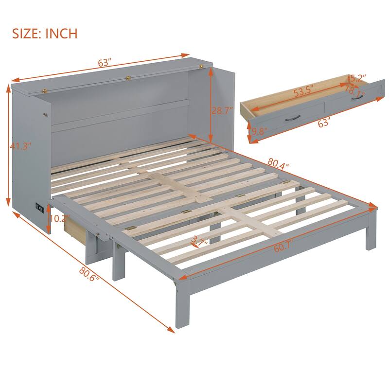 Foldable Rattan Murphy Bed with Storage Large Drawer and USB