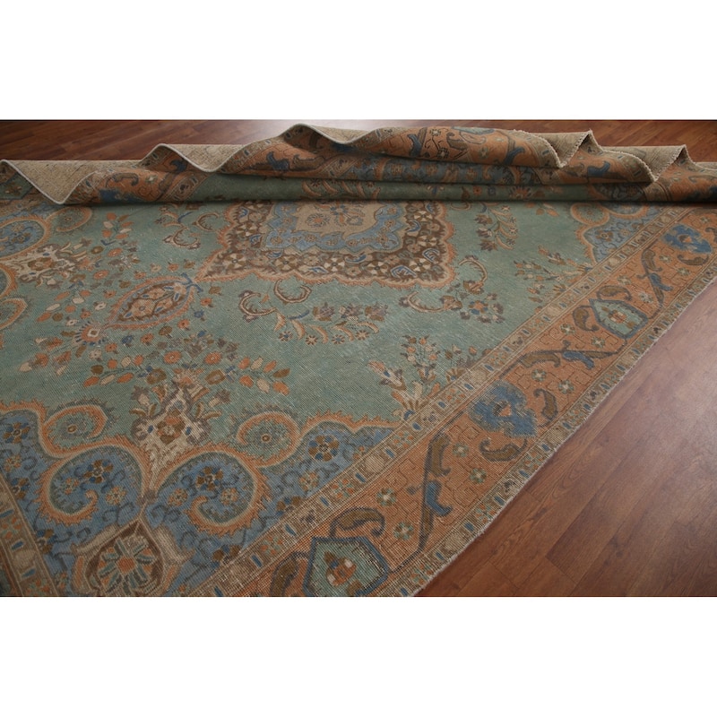 Turquoise Green Tabriz Persian Vintage Area Rug Handmade Wool Carpet - 7'6" x 10'10"