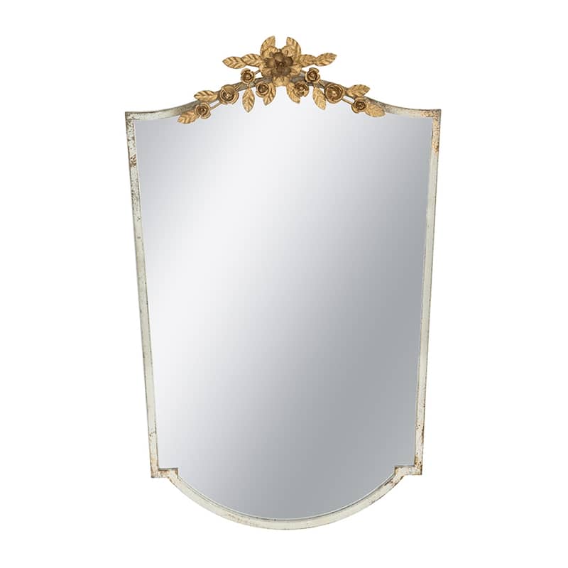 24"x 1.6" x 37.4" Decorative Arched Wall Mirror with Distressed Ivory Frame and Gold Floral Crown