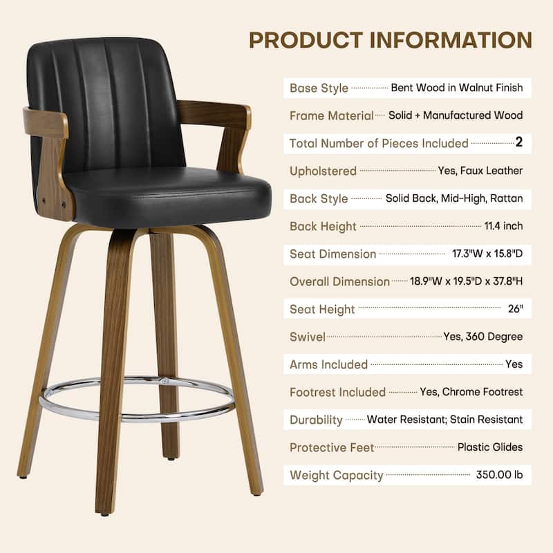 Upholstered Wood Swivel Counter Height Barstool with Arms