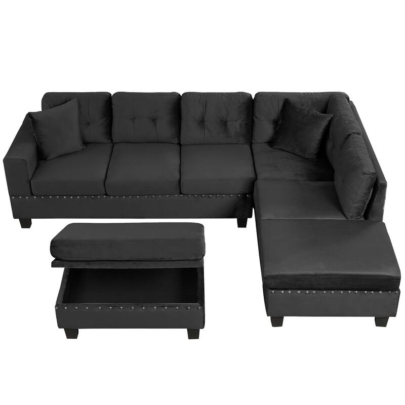 105.1" Velvet L-Shaped Sectional Sofa with Reversible Chaise, Storage Ottoman and Cup Holders