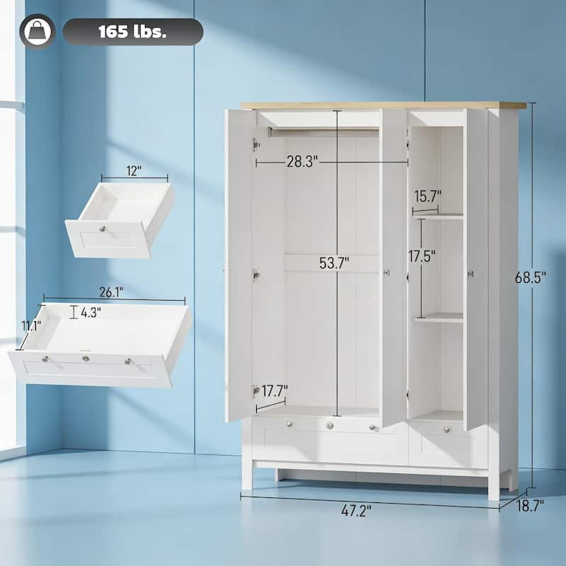 3 Doors Wardrobe Closet Folding and Hanging Areas Armoire