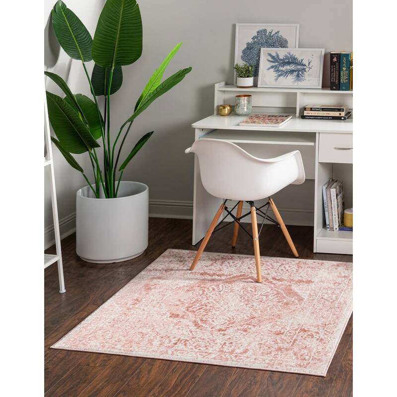 Contemporary Trabzon Collection Area Rug - Pink-Ivory - 4' Square
