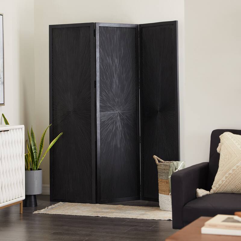 Mango Wood Hinged Foldable Partition 3 Panel Room Divider Screen with Carved Design - White or Black - Roche River Decor