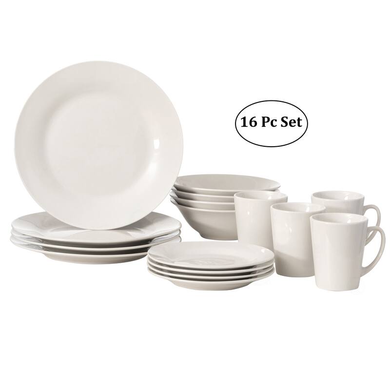 Dinewares 16 PC Rimmed Dinnerware Set for 4 Person, Mugs, Salad and Dinner Plates and Bowls Sets, White - White - Service for 4 - 16 Piece