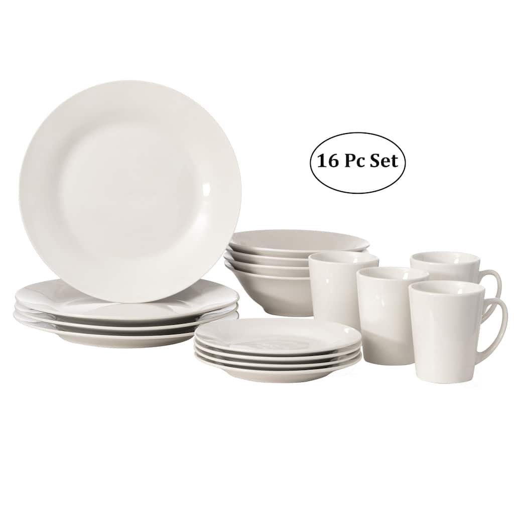 Dinewares 16 PC Rimmed Dinnerware Set for 4 Person, Mugs, Salad and Dinner Plates and Bowls Sets, White