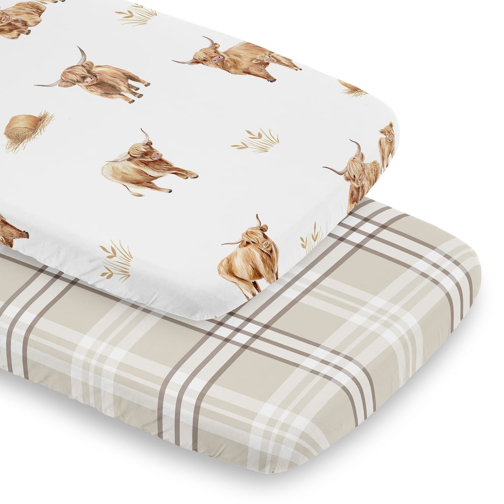 Sweet Jojo Designs Boho Highland Cow Boy, Girl, Gender Neutral 2 Pack Baby Bassinet Fitted Sheets - Taupe Plaid and Farm Animal