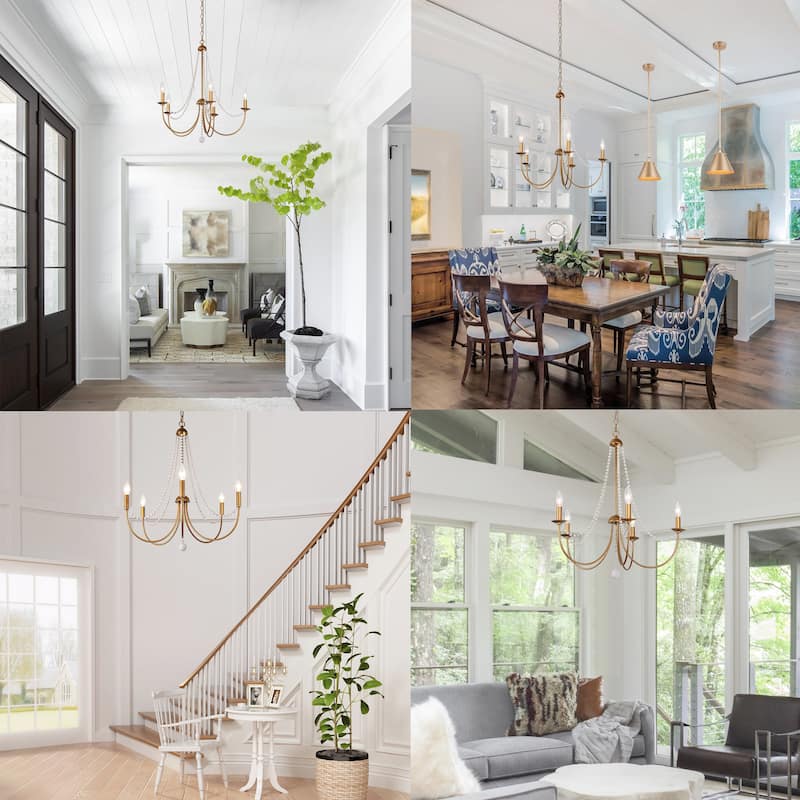 Alisar Mid-century Modern 5-Light Chandelier Swing Arms French Country Wood Beads Pendant Lights for Dining Room