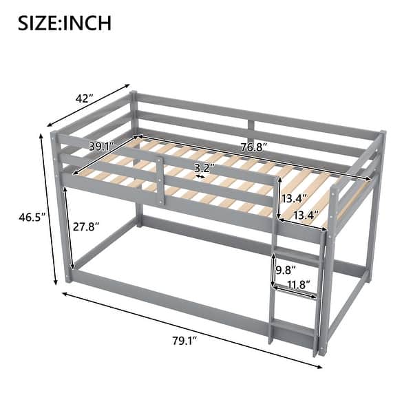 Gray Twin over Twin Solid Wood Floor Low Bunk Bed with Ladder & Guardrails