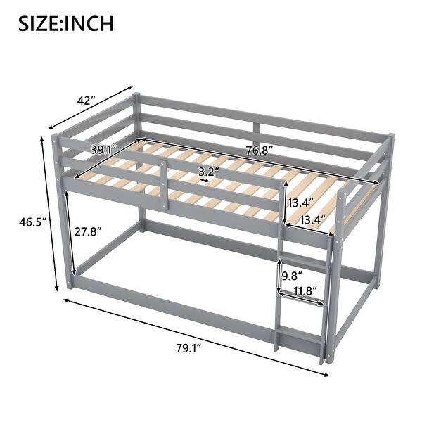 dimension image slide 0 of 2, Twin Over Twin Floor Bunk Kids Bed Frame with Ladder and Guardrails, White