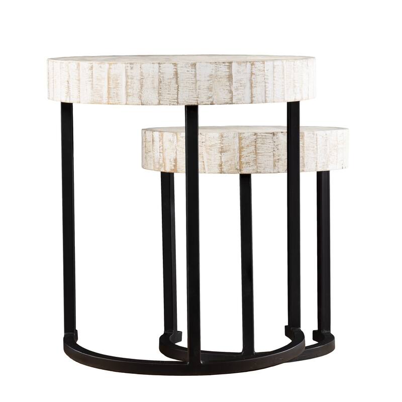 Set Of Two 21" White Solid Wood And Iron Round Nested Tables - 18.5x18.5x20.75