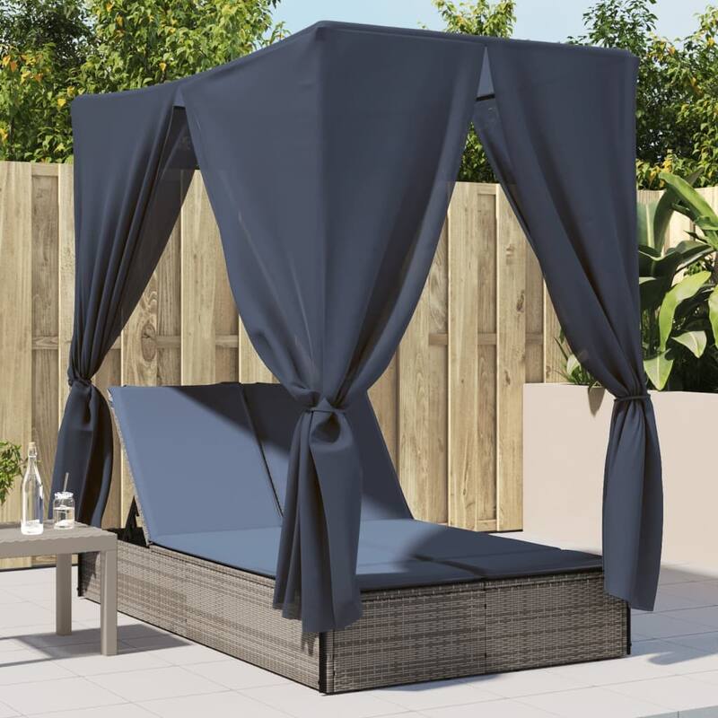 vidaXL Double Sun Lounger with Roof and Curtains Brown/Gray/Black Poly Rattan - 78.7" x 44.9" x 77.2" - Gray