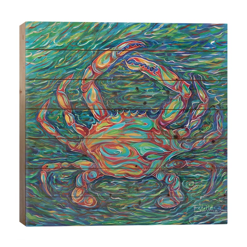Crab Print On Wood by Estelle Grengs - Multi-Color - 26x26x1.5