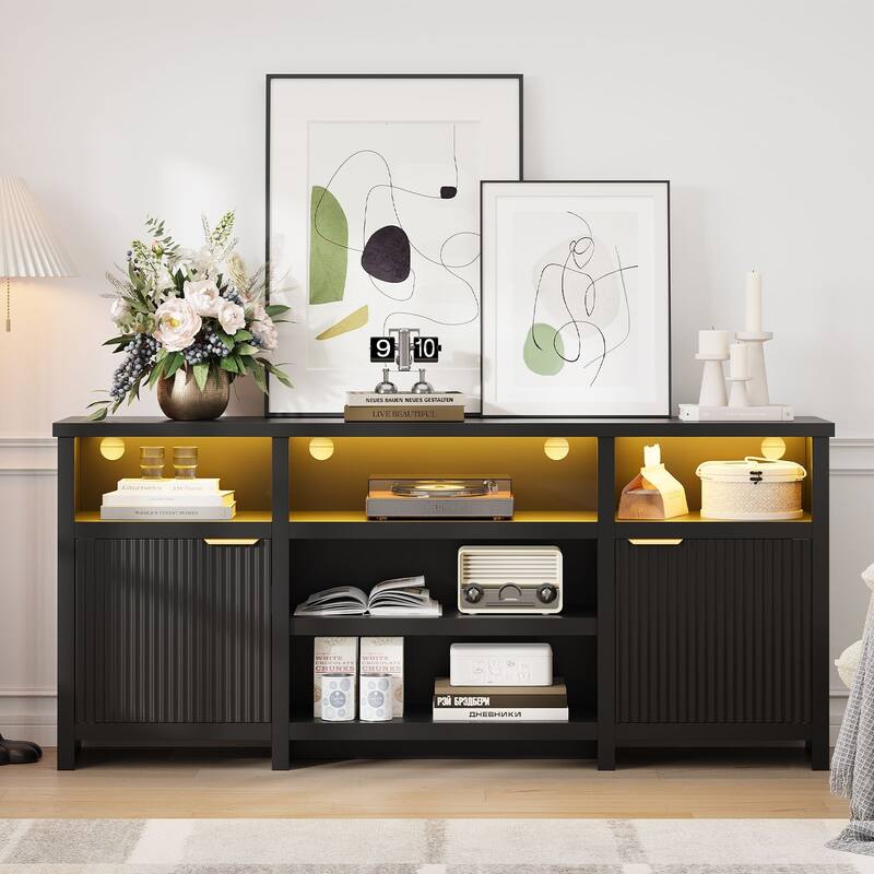 Gyomojoy 71" LED Farmhouse TV Stand for 75-85 Inch TV, Modern Boho Media Console with RGB Lights, 2 Doors & Adjustable Shelves.