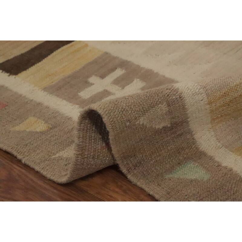 Hand Woven Oriental 100% Wool Carpet Southwestern Tribal Beige & Ivories Kilim Area Rug - 11' 11'' X 8' 9''