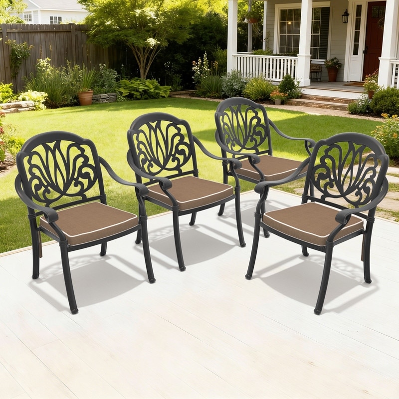 Set of 4 Outdoor Dining Chairs - Black Cast Aluminum Frame with Cushion