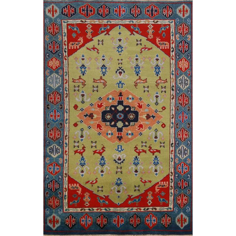 Animals Green Kazak Oriental Area Rug Handmade Wool Carpet - 4'10" x 7'7"