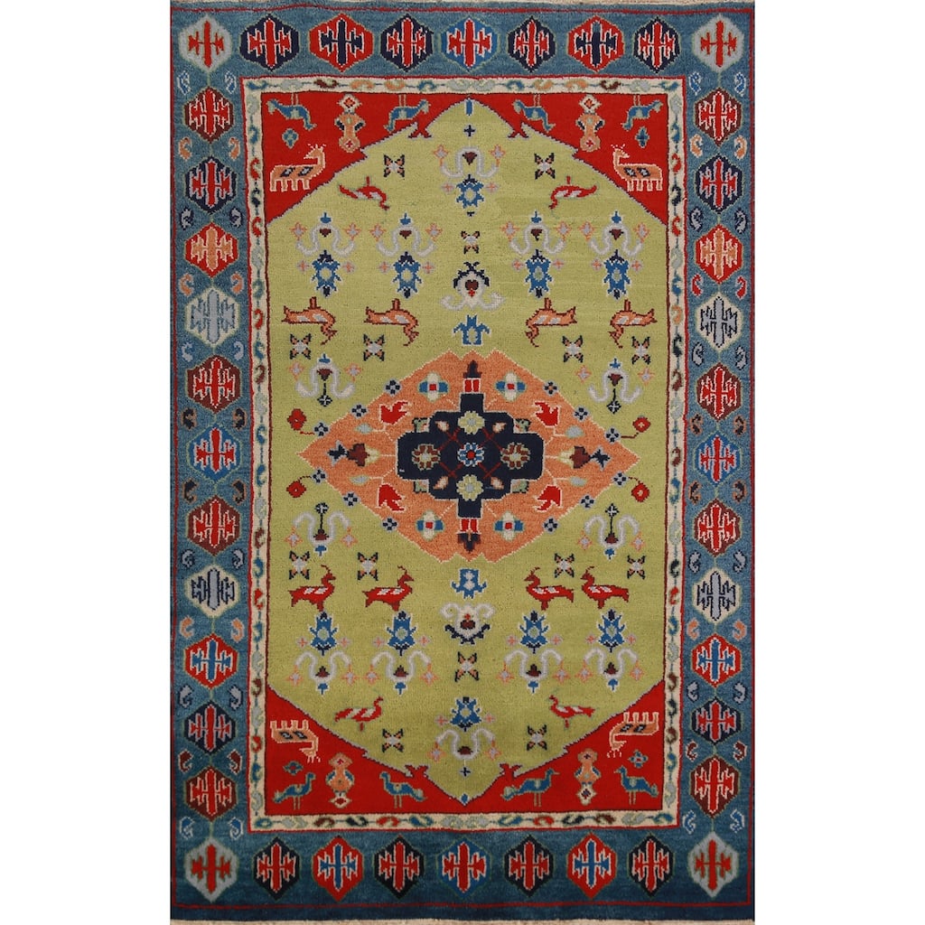 Animals Green Kazak Oriental Area Rug Handmade Wool Carpet - 4'10" x 7'7"