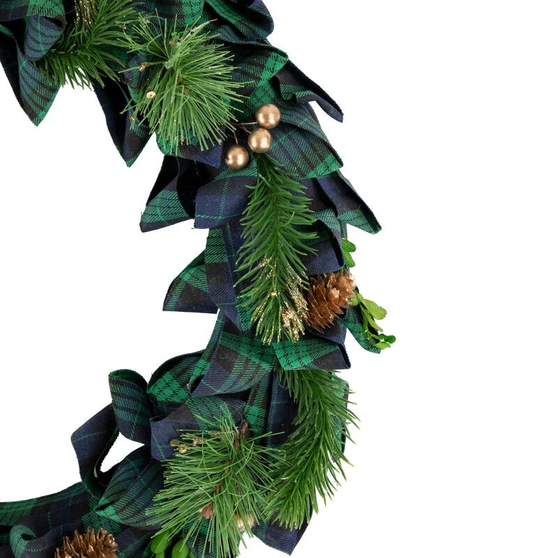 Blue Green Plaid Bow Artificial Pine Christmas Wreath, 17.75", Unlit