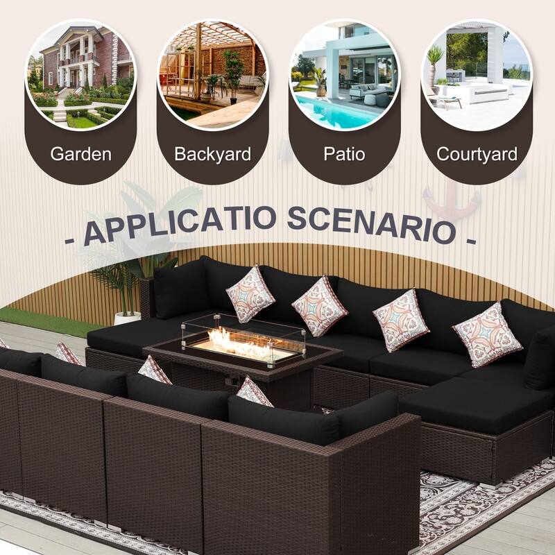 13-Piece Outdoor Wicker Patio Sectional Conversation Set with 43" CSA Fire Pit Table