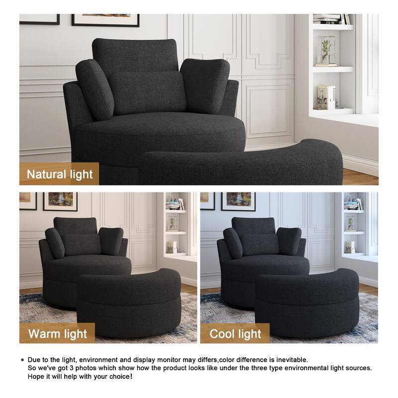 Chenille/Boucle Swivel Barrel Chair with Storage Ottoman