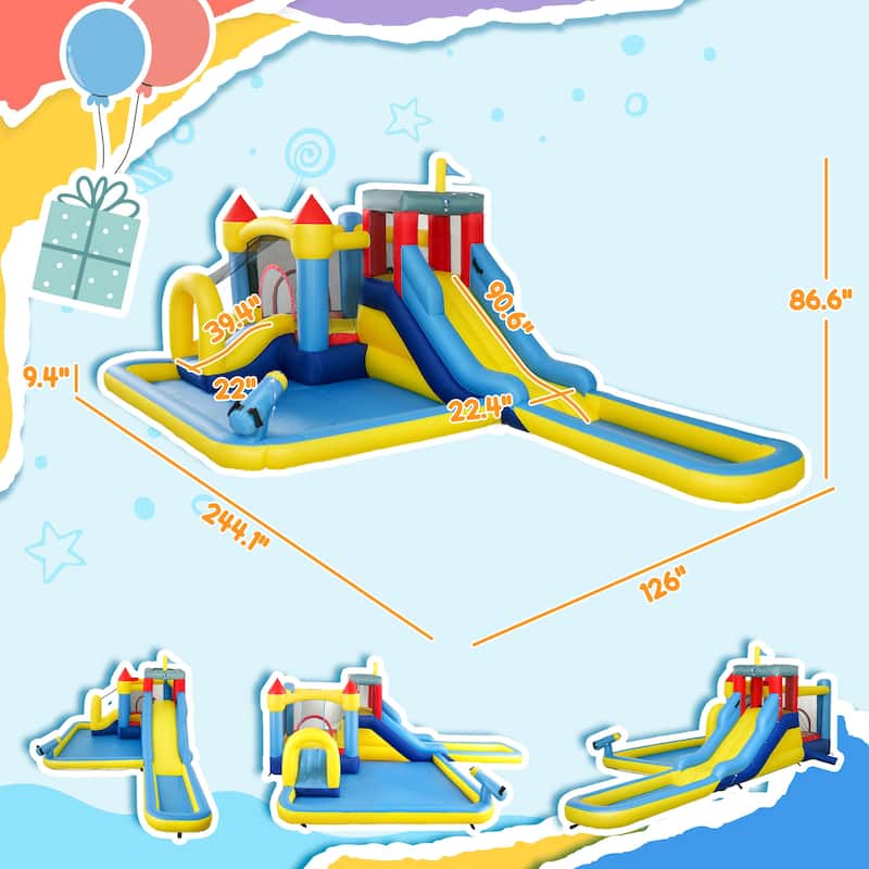 6 in 1 Inflatable Water Park with Splash Pool Slides Trampoline Climbing Wall Basketball Hoop Durable Oxford Fabric Backyard Fun