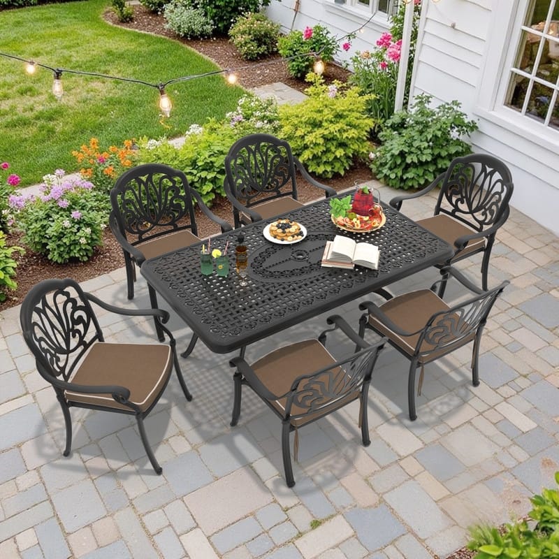 7-Piece Cast Aluminum Outdoor Dining Set with Brown Seat Cushions