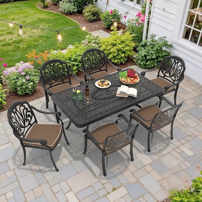 7-Piece Cast Aluminum Outdoor Dining Set with Brown Seat Cushions