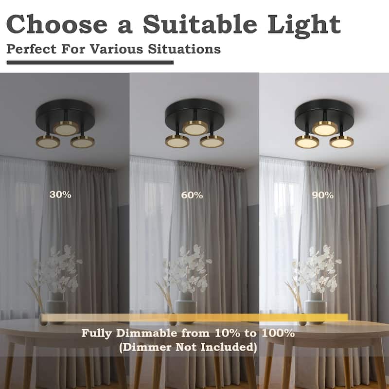 Modern Black Brass 3-Light Integrated LED Semi Flush Mount Ceiling Light with Adjustable Disc Heads - D 9" x H 5.5"