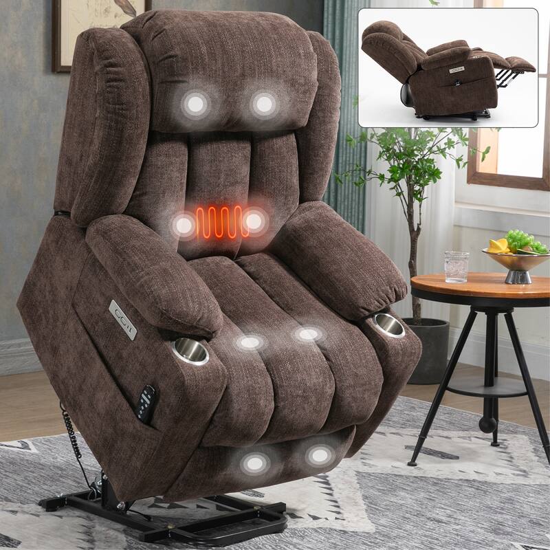 Roomfitters Heavy Duty Power Lift Recliner, Chenille Massage Chair with USB-C Charging and Stainless Cup Holders