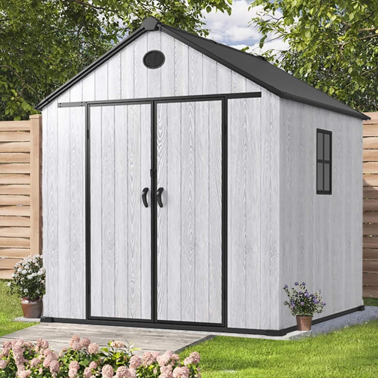 8ft Outdoor Plastic Storage Shed With Floor, 435 Cuft Waterproof Garden Shed With Lockable Door, Plastic Tool Storage